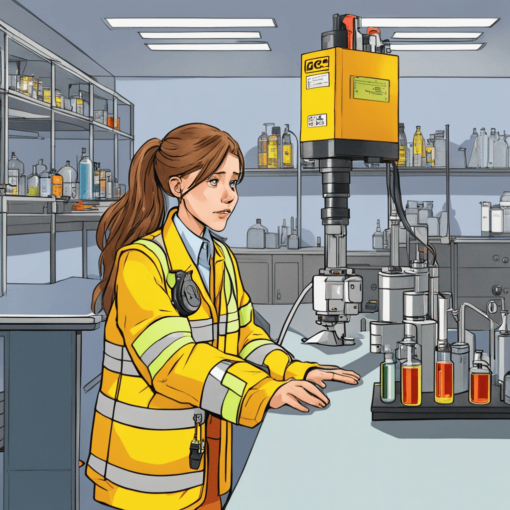 A girl with brown/dark blond hear. She is wearing a yellow road safety vest with reflectors and is standing in a laboratory next to a GC-MS. The GC-MS is on fire. The girl is crying 