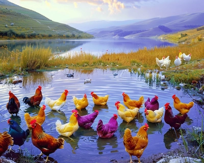 Golden lake surrounded by different species of multicolored chickens 