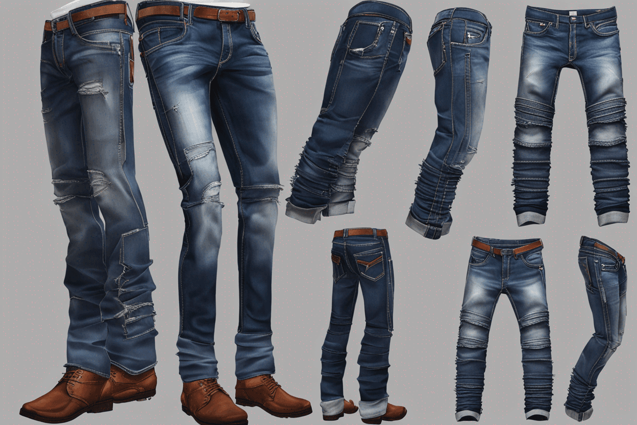 Please create an image of a pair of modern jeans for young adult men. The jeans should have a slim and modern cut, with a denim wash that features a worn but elegant look. The design should include details such as strategic rips, acid wash effects, and stitched patches. The colors can vary but should be trendy denim shades. The image should convey an urban and sophisticated style, showing the jeans paired with modern sneakers and a stylish t-shirt. The background of the image should reflect an urban or contemporary setting that highlights the appeal of the jeans to the target audience