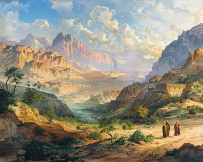 a landscape picture of Moses, Aroon and Miryam