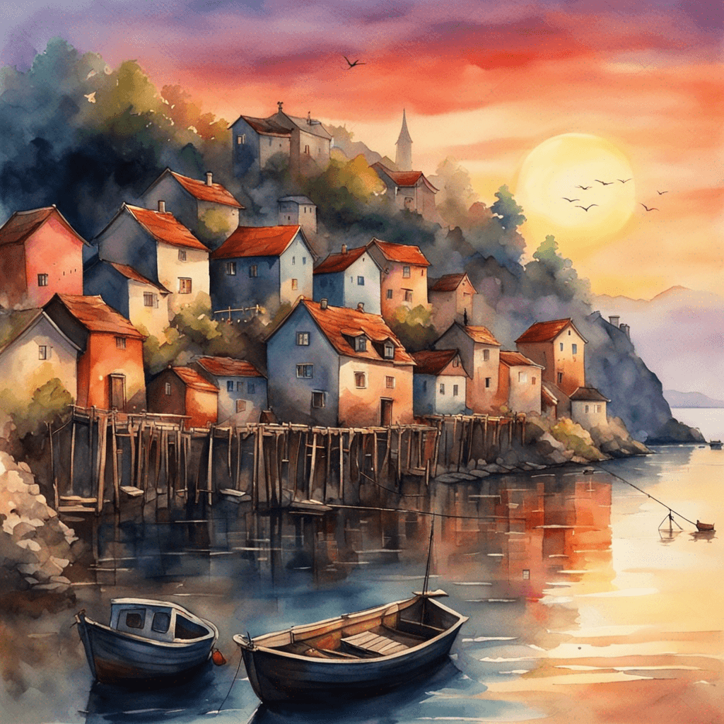 a picture of a small fishing village at sunset. Watercolor painting with vibrant colors, soft edges and a dreamy atmosphere. Wide angle lens, 4K resolution, inspired by the works of Banksy.