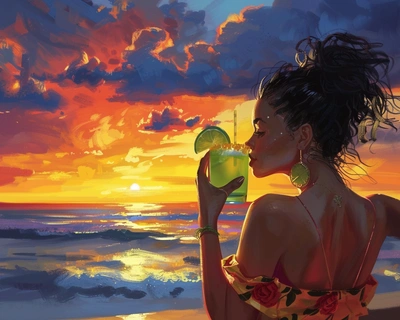 Hispanic woman on a beach sunset drinking margarita