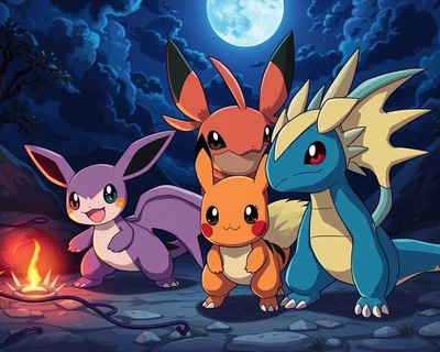 Pokemon inspired dark rhemed , cartoon style illustration, vibrant colors, fun and playful, clean bold lines, animated movie quality, dramatic lighting, high contrast, deep shadows, highly detailed, rich textures, intricate details, anime art style, Studio Ghibli inspired, beautiful anime illustration, detailed anime scenery, dramatic lighting, high contrast, deep shadows, highly detailed, rich textures, intricate details