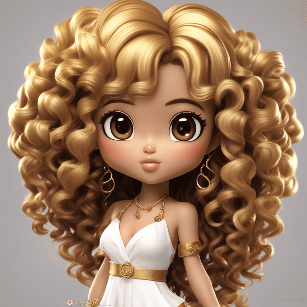 Chibi curly hair Phillipine in gold tones on the name "Roza”, illustration, 4d render, photo, realistic, cinematic, 3d render, anime, photo, poster, fashion, portrait photography

