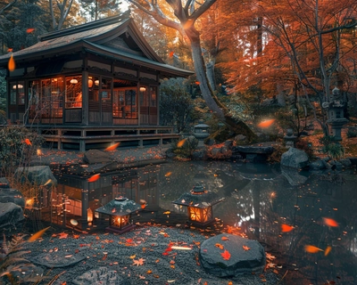 A serene Japanese garden in the heart of autumn, with vibrant red and orange maple leaves gently falling around a traditional wooden tea house. The scene is captured in the style of Studio Ghibli, with soft, whimsical details and a warm, inviting color palette. The image is taken with a wide-angle lens to encompass the tranquil pond, stone lanterns, and meticulously raked gravel paths, all bathed in the golden light of the setting sun.