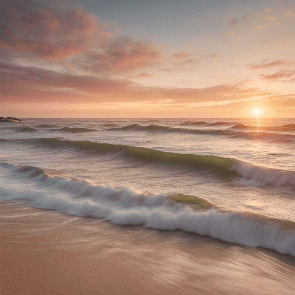 a picture of a tranquil beach with a golden sunset. Soft pastel hues and a vintage filter. A slow shutter speed to capture the movement of the waves and the sun setting. 4K resolution and wide angle lens.
