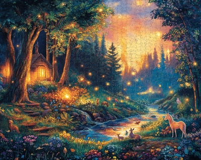 Title: Mystical Forest Adventure 🌲✨

Description: Step into the enchanting world of the Mystical Forest Adventure jigsaw puzzle, a captivating scene designed to transport you to a realm of magic and wonder. This puzzle features a serene forest glade, bathed in the soft glow of twilight, where nature's beauty is on full display.

Key Elements:

Background:

The sky transitions from a warm sunset to a starry night, with hues of orange, pink, and deep blue.

Majestic trees with vibrant green foliage, some with golden leaves, are illuminated by the fading sunlight.

Foreground:

A tranquil stream winds through the forest, with crystal-clear water reflecting the colors of the sky.

A variety of woodland creatures, including deer, rabbits, and squirrels, can be seen near the stream and among the trees.

Magical Elements:

Glowing fireflies and ethereal wisps float in the air, adding a touch of magic to the scene.

A quaint wooden bridge crosses the stream, adorned with fairy lights.

A hidden fairy village nestled in the roots of a large tree, with tiny, glowing windows and doors.

Mystical Objects:

A wise old owl perched on a branch, overlooking the glade.

A unicorn grazing near the stream, its mane shimmering with iridescent colors.

Enchanted flowers and plants with luminescent petals scattered throughout the scene.

Puzzle Details:

The puzzle consists of 1000 pieces, ensuring hours of engaging and challenging fun.

Each piece is intricately cut to fit perfectly with its neighbors, creating a seamless image when completed.

The high-resolution artwork captures every detail of the mystical forest, from the delicate petals of the enchanted flowers to the twinkling stars in the night sky.