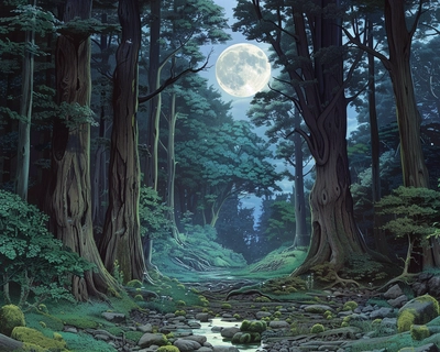 A serene, moonlit forest scene with towering ancient trees, their branches intertwined to form a natural canopy. The forest floor is blanketed with soft moss and dotted with glowing mushrooms. A gentle stream weaves through the trees, reflecting the silver light of a full moon. The art style should be reminiscent of Studio Ghibli, with rich, vibrant colors and intricate details. Use a wide-angle lens to capture the expansiveness of the forest, emphasizing the height of the trees and the tranquility of the scene.