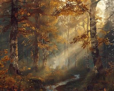 A serene, misty forest at dawn with towering ancient trees, their leaves a vibrant mix of autumn colors. The scene is illuminated by soft, diffused sunlight breaking through the fog, casting ethereal rays. In the foreground, a gentle stream winds through the forest floor, reflecting the golden hues of the leaves. The art style should be reminiscent of the romantic landscapes of Caspar David Friedrich, with a touch of impressionism to capture the transient light and atmosphere. Use a wide-angle lens to encompass the vastness of the forest and the play of light and shadow.