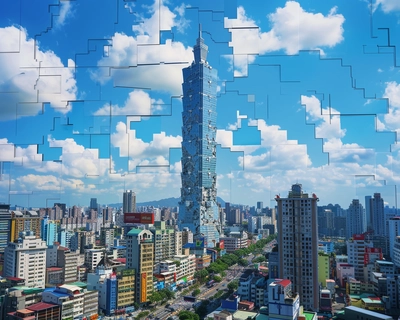 a realistic picture of the 85 building in Kaohsiung city with a blue skydrop backdrop. The image whole but split into jigsaw pieces with a few missing pieces 
