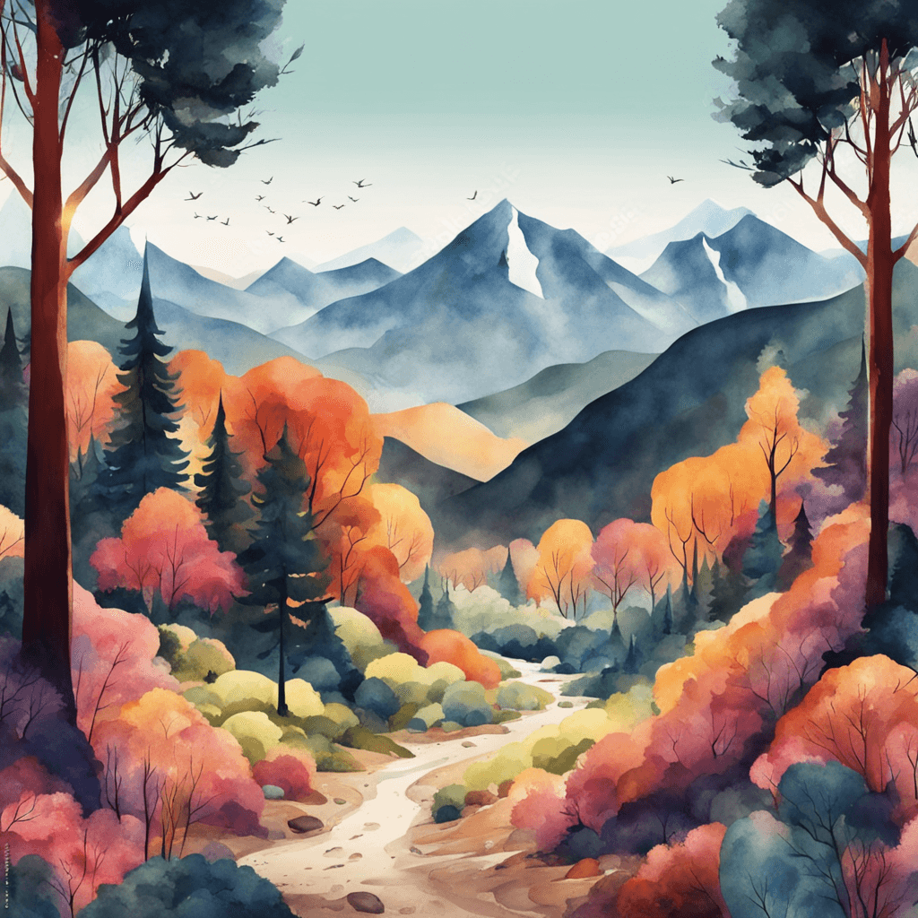 a picture of a fantasy forest. Aesthetic minimalist landscape with colorful trees, mountain range and sun. Watercolor and paper textured print, vector posters. Illustration, travel art minimal scene, birds eye view, 4K resolution, ultra wide format, ratio 16/9.