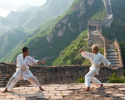 A picture of Jackie Chan and Jayden Smith in the movie: Karate Kid in the Great Wall of China practicing KungFu