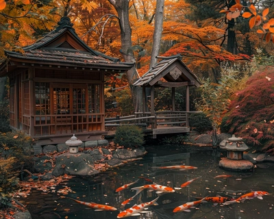 A serene Japanese garden during autumn, featuring a traditional wooden tea house surrounded by vibrant red and orange maple trees. The scene is captured in the style of Studio Ghibli, with soft, whimsical details and warm, inviting colors. The image is taken with a wide-angle lens to encompass the tranquil pond with koi fish, stone lanterns, and a small arched bridge in the background. The overall atmosphere should evoke a sense of peace and harmony.