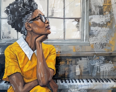  An abstract picture of an African woman in her mid 50s with short gray and black coily hair I’m wearing black kit frame eyeglasses while wearing a yellow short sleeve dress with a white collar sitting on her panel bench in front of her old upright, Piano with her hands folded in her nap while gazing out the window