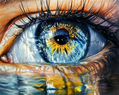 Usa esta imagen para generar un arte, que sea ese mismo rostro de la imagen, senalando sus ojos, para hacer referencia a la "VISTA". pon un ESPEJO, MICROSCOPIO, DOS OJOS, VISTA,
