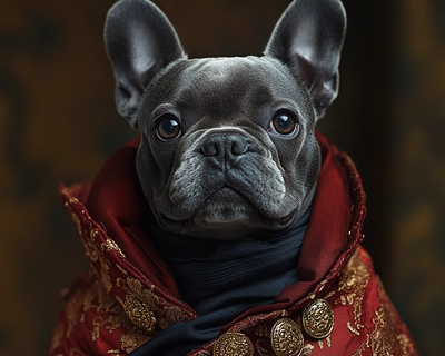 Ultra-realistic portrait, in the style of the art of Umberto Boccioni, a French bulldog dog, the dog is dressed in red and black silk with a spooky vampire costume with gold details in the style of a Halloween costume monster photo shoot, portrait photography, high definition, detailed, 8k, high quality, great detail, photographic, photogenic, perfect, inside a room with background elements blurred in dark colors --stylize 1000 