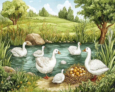 Create a busy farmyard scene with six geese, each laying eggs in different, hard-to-spot locations. Some eggs are hidden in nests, while others are camouflaged in tall grass or under bushes. Some geese may appear to have laid eggs but don’t, while others have eggs partially buried or reflected in the pond. Include overlapping elements like trees, rocks, and shadows that obscure the eggs. The geese should vary in color and size, with some eggs blending into the environment, making it difficult to identify all six."
