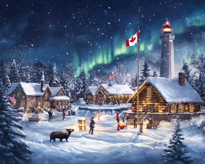 creat a small scenary of Maple syrup factory, hokey, niagra falls, tim hortons, cn tower,  northern lights, moos, beaver, lighthouse, different people,snow, flag, maple leaf.
