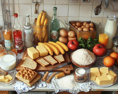 a picture in a kitchen with images of:
Apples
Bananas
Carrots
Eggs
Sandwichs
Cookies
Potatoes
Tomatoes
Oranges
Grapes

a vowl of Rice
2 bottles of Water
some Bread
3 bars of Butter
some Cheese
some Flour
some Sugar
3 glasses of Milk
orange Juice
some Honey