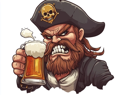 Cartoon Angry pirate drinking beer on background white
