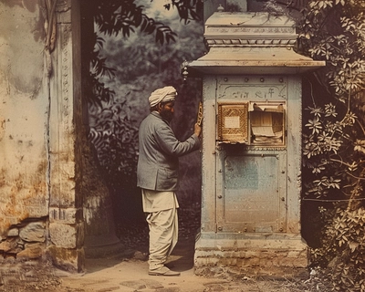 a vintage indian post offcie operations , postman delivering letters, or uloading letters fom the postbox
