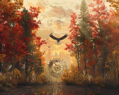 A serene Eastern, Native American forest during autumn, featuring a traditional medicine wheel surrounded by vibrant maple trees with leaves in shades of red, orange, and yellow. The scene is reflected in a calm sky with individual bald eagle, Crow, red tail hawk and owl airborne gracefully. The art style should be inspired by the delicate and detailed works of the National Gallery capturing the tranquility and natural beauty of the setting. The image should be rendered with a 50mm lens to emphasize the depth and richness of the colors and details.