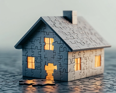 a puzzle of a house with one piece of the puzzle out