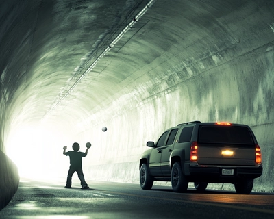 A picture of a kid named hunter hitting a ball into a wall inside of a highway tunnel next to a chevy tahoe

