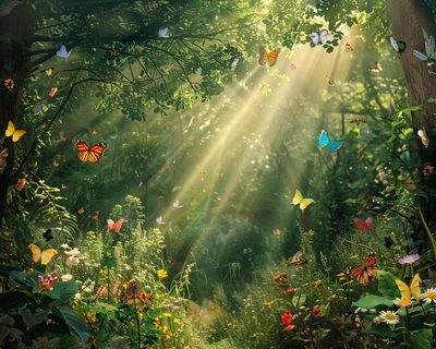 A picture inside a thick forest with streams of sunlight illuminating the rich green forest floor filled with colorful flowers and butterflies in the style of money
