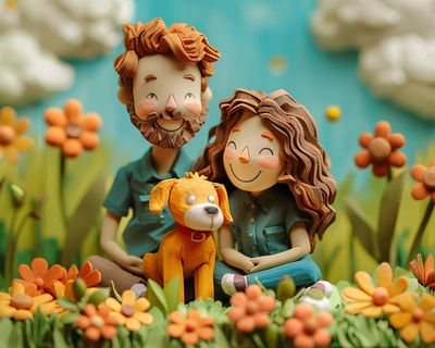 Cute young couple playing with their dog on the grass, casual, The season is summer, The objects and scenes are made of clay and have the texture of clay, Stop-motion animation style --stylize 250