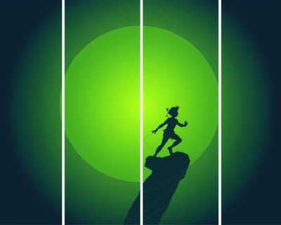 créer un puzzle de 4-5 pièces non égales sur le thème de Peter Pan à perdu son ombre avec une pièce avec la forme de l'ombre de Peter Pan
