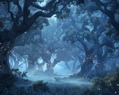 A serene, moonlit forest with towering, ancient oak trees casting long shadows on a mist-covered forest floor, inspired by the ethereal, fantastical style of Studio Ghibli. The scene is bathed in soft, bluish hues with delicate fireflies illuminating the undergrowth. Shot with a wide-angle lens to capture the depth and mystique of the forest, with intricate details in the foliage and subtle, magical elements hidden throughout the scene.