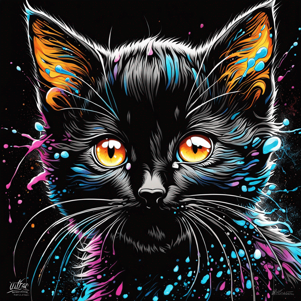 a cute kitten, Hyperdetailed Eyes, Tee-Shirt Design, Line Art, Black Background, Ultra Detailed Artistic, Detailed Gorgeous Face, Natural Skin, Water Splash, Colour Splash Art, Fire and Ice, Splatter, Black Ink, Liquid Melting, Dreamy, Glowing, Glamour, Glimmer, Shadows, Oil On Canvas, Brush Strokes, Smooth, Ultra High Definition, 8k, Unreal Engine 5, Ultra Sharp Focus, Intricate Artwork Masterpiece, Ominous, Golden Ratio, Highly Detailed, Vibrant, Production Cinematic Character Render, Ultra High Quality Model