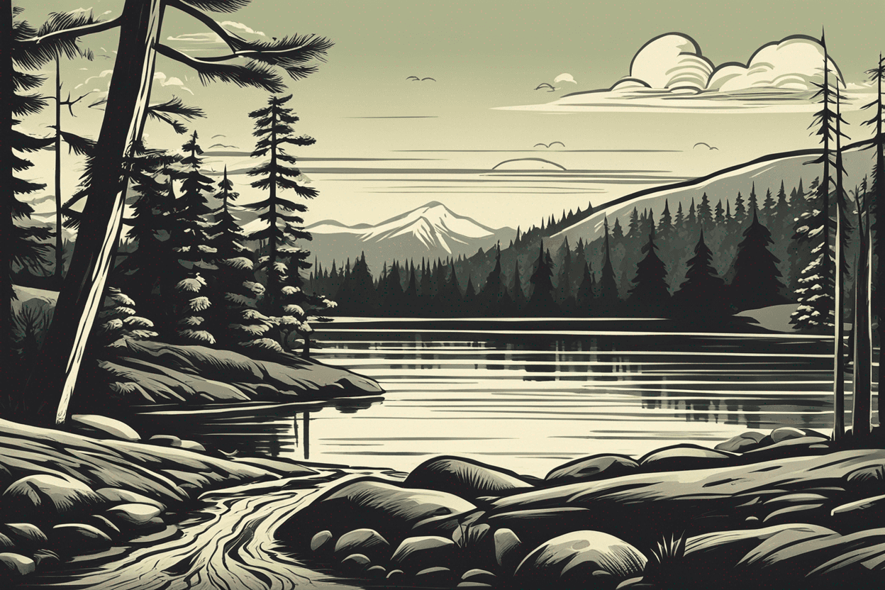 a retro style cartoon of finnish nature landscape drawing