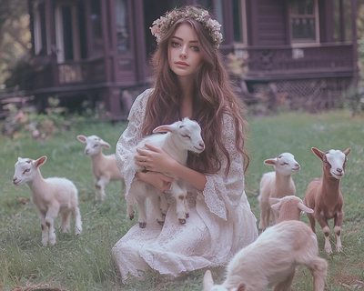 A magical realism scene (not photo realistic) of a young woman in her early 20s with long brown wavy hair wearing a wispy white dress and a flower crown kneeling in the grass holding a baby goat, and many other super cute baby goats playing around her. In the background, there is a dark purpleish brown Victorian house, but it’s not the focal point.