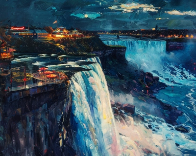 A twenty-six piece puzzle of niagra falls seen at night from the  restuant on the needle
