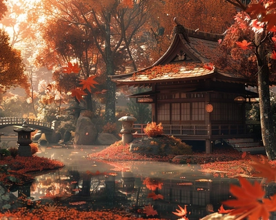 A serene Japanese garden in the heart of autumn, with vibrant red and orange maple leaves gently falling around a traditional wooden tea house. The scene is captured in the style of Studio Ghibli, with soft, whimsical details and a warm, nostalgic color palette. The image is taken with a wide-angle lens to encompass the tranquil pond, stone lanterns, and a gracefully arched wooden bridge in the background.