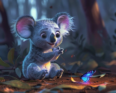 Baby koala, playing with a butterfly, cartoon, cute, happy, big eyes, cinematic shot, Pixar art