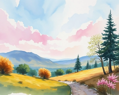 a beautiful landscape scene, watercolor painting style, soft flowing colors, delicate brushstrokes, artistic watercolor technique, highly detailed, rich textures, intricate details, oil painting style, rich thick brushstrokes, classical fine art, museum quality oil on canvas, highly detailed, rich textures, intricate details