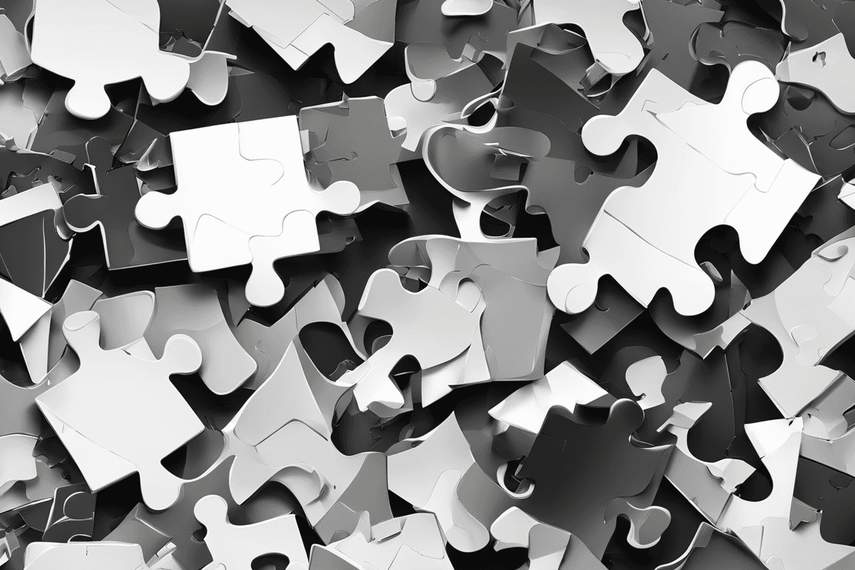 Create the image of a clipart black and white puzzle where each piece have the external shape of a child-friendly tool, with clear and simple outlines, devoid of internal details. Each tool-shaped piece is designed to fit perfectly with the others, forming a cohesive and interesting puzzle.

