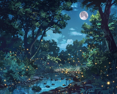 A serene, moonlit forest glade at midnight with gentle, glowing fireflies floating in the air; a crystal-clear stream runs through the scene, reflecting the silvery light of the full moon. The art style is inspired by Studio Ghibli’s ethereal and detailed animation, with a touch of Hayao Miyazaki’s magical realism. The camera lens should simulate a wide-angle shot to capture the breadth of the forest, with a slight depth of field to emphasize the tranquility and magic of the scene.