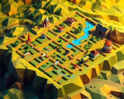 
I need maze puzzle
should more difficult

“Treasure map” template.
	3.	Add icons:
	•	Man (start)
	•	Pig
	4.	Add locations:
	•	Depaul
	•	Police Station
	•	Railway Station (Angamaly – correct route)
	•	St. Joseph’s Church
	•	Thirunayathode Sivanararayana Temple
	•	Angamaly Town Juma Masjid
	5.	Draw different paths using lines or arrows.
	6.	Keep only one correct path to the destonation angamaly railway station., low poly 3D render, geometric art, faceted design, colorful polygons, modern 3D illustration, highly detailed, rich textures, intricate details