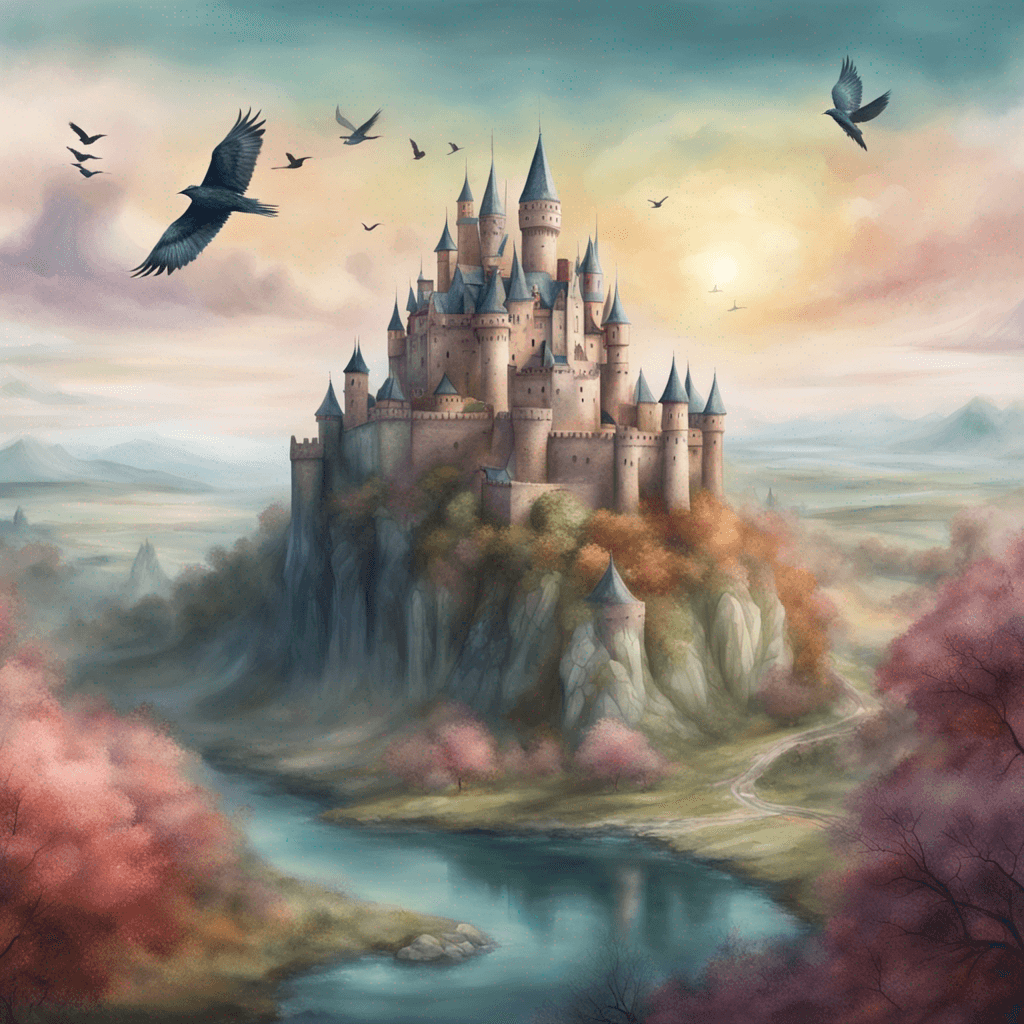 a picture of a surreal fantasy landscape with a castle in the background, painted in an ethereal watercolor style. A birds eye view, taken with a telephoto lens and a resolution of 4K.