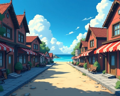 A street to the beach, small town, small shops on the two sides, some lanterns, there are musician playing violin and accordion on the street, russian style architectures, rocky road, miyazaki hayao art style, blue sky, symmetrical layout with strong sense of depth