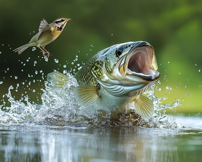 A picture of a large mouth bass jumping out of the water to catch a low flying sparrow