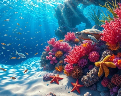 A vibrant underwater scene teeming with life, showcasing a coral reef bursting with color. Delicate corals in shades of pink, orange, and purple intertwine, while schools of shimmering fish dart among them. Sunlight filters through the water, creating dappled patterns on the sandy ocean floor. A graceful sea turtle glides by, surrounded by swaying seaweed and playful starfish. In the background, a mysterious underwater cave beckons, adorned with glowing bioluminescent plants. The scene is rendered in a rich, detailed digital art style, capturing the enchanting beauty and diversity of marine life, with a serene yet lively atmosphere.