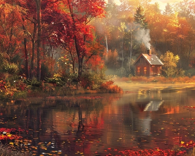 A serene autumn landscape in the style of Claude Monet, featuring a peaceful lake surrounded by trees with vibrant fall foliage in shades of red, orange, and yellow; in the background, a quaint wooden cabin with smoke gently rising from the chimney; the scene is illuminated by the soft, golden light of the setting sun, casting long shadows and creating a warm, nostalgic atmosphere; capture this with a 50mm lens to focus on the details of the leaves and the texture of the cabin, ensuring a painterly, impressionistic quality to the image.