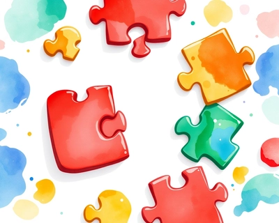 A jigsaw puzzle almost completed with one missing piece, several puzzle pieces around it, bright colors like red, blue, yellow and green, simple shapes, cartoon style, white background, brain teaser puzzle challenge, high contrast, clean vector illustration, watercolor painting style, soft flowing colors, delicate brushstrokes, artistic watercolor technique, highly detailed, rich textures, intricate details