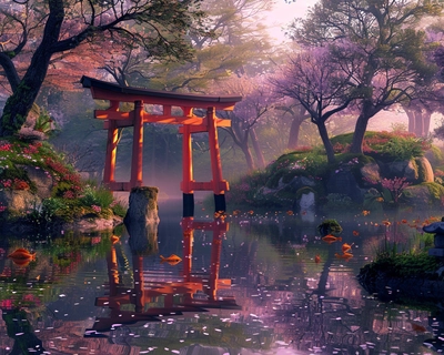A serene Japanese garden at dusk, featuring a traditional red torii gate partially covered in moss, surrounded by blooming cherry blossom trees. The scene is reflected in a tranquil koi pond with colorful fish swimming gracefully. The art style should be inspired by the delicate brushwork of traditional Japanese ukiyo-e woodblock prints. Use a wide-angle lens to capture the entire scene, emphasizing the harmony and balance of nature.