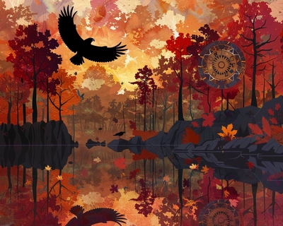 A serene Eastern, Native American forest during autumn, featuring a traditional medicine wheel surrounded by vibrant maple trees with leaves in shades of red, orange, and yellow. The scene is reflected in a calm sky with individual bald eagle, Crow, red tail hawk and owl airborne gracefully. The art style should be inspired by the delicate and detailed works of the National Gallery capturing the tranquility and natural beauty of the setting. The image should be rendered with a 50mm lens to emphasize the depth and richness of the colors and details.